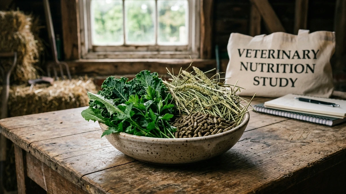 Ceramic rabbit feeding bowl with timothy pellets, fresh leafy herbs, and golden meadow hay